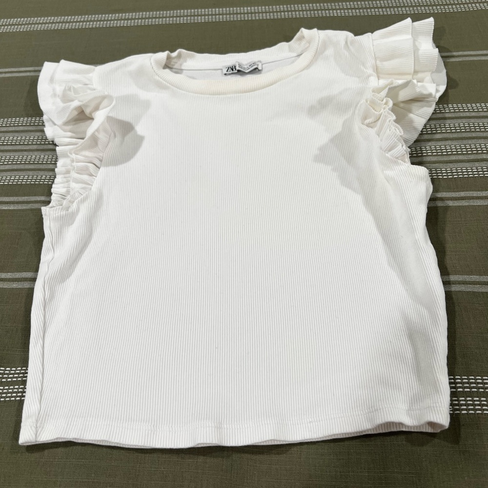 Zara White Ribbed Tank Top with Ruffle Sleeves